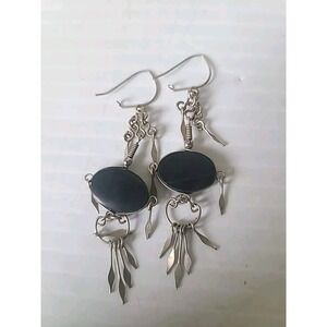 Vtg Onyx Dangle Earrings Pierced Hook Dangle Boho